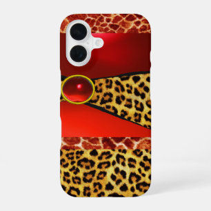 COQUE iPhone 16 GIRAFFE IMPRIMÉE PEAU DE LÉOPARD RUBIS ROUGE PIERR