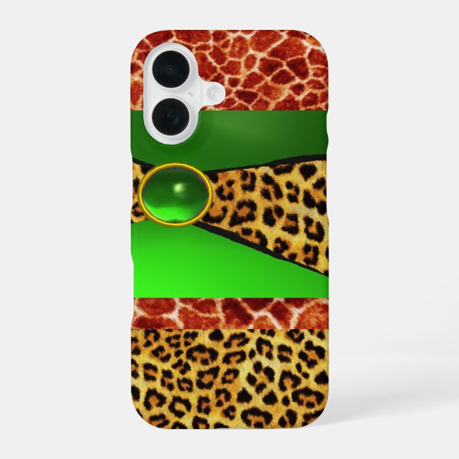 COQUE iPhone 16 GIRAFFE IMPRIMÉE PEAU DE LÉOPARD VERT ÉMERAUDE GEM (Verso)