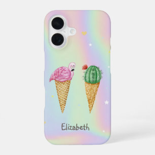 Coque iPhone 16 Glace Flamants roses Cactus Holographique
