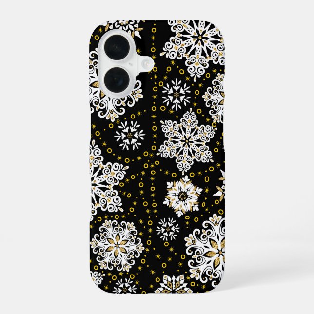 Coque iPhone 16 Glam aux flocons dorés de minuit (Verso)