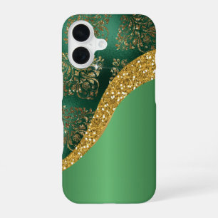 Coque iPhone 16 Glam Gold Parties scintillant Vert métal