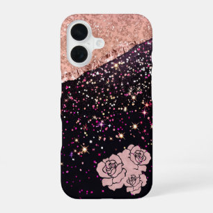 Coque iPhone 16 Glam Rose Rouge Noir Paillettes Roses