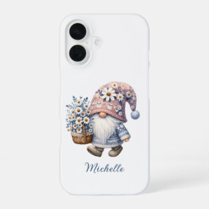 Coque iPhone 16 Gnome Fleurs de Printemps Rose Bleu