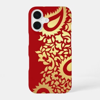 Coque iPhone 16 Golden Red Paisleys Indian