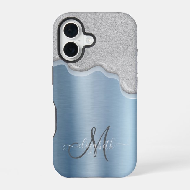 Coque iPhone 16 Gouttes d'argent Monogramme Bleu Métallisé (Verso)