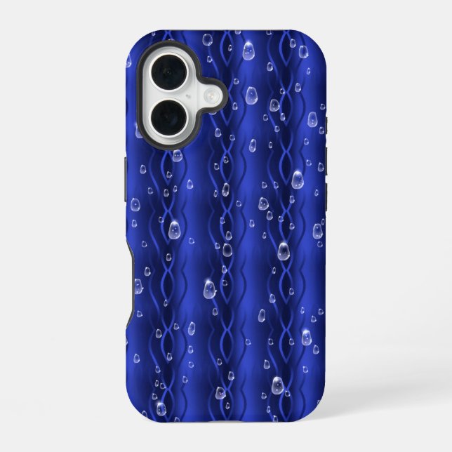 Coque iPhone 16 gouttes de pluie sur le métal bleu (Verso)