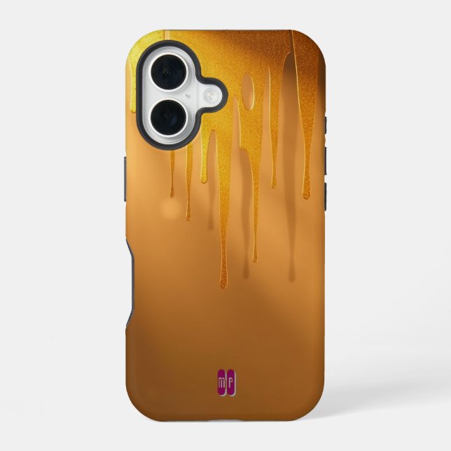 Coque iPhone 16 Gouttes de scintillement doré avec une lueur chaud (Verso)
