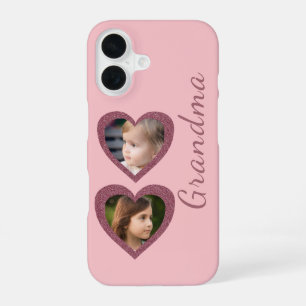 Coque iPhone 16 Grand-mère Coeurs roses Petits-enfants Photo Colla