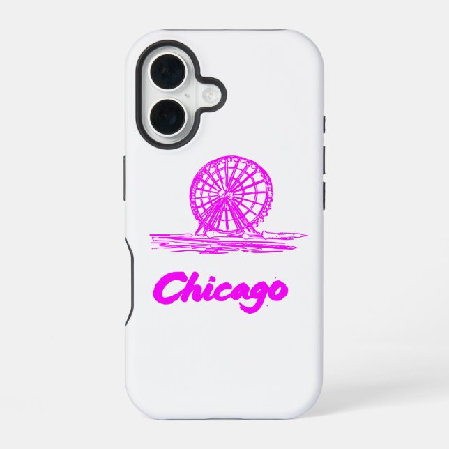Coque iPhone 16 Grande Roue Navy Pier Chicago Néon Rose  (Verso)