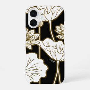 Coque iPhone 16 Grandes fleurs blanches sur fond noir avec garnitu
