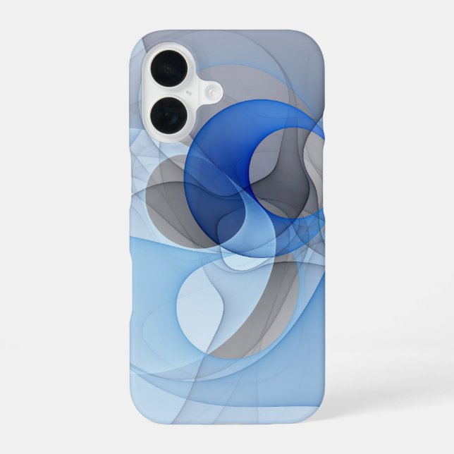 Coque iPhone 16 Graphique d'art fractal gris bleu Abstrait moderne (Verso)