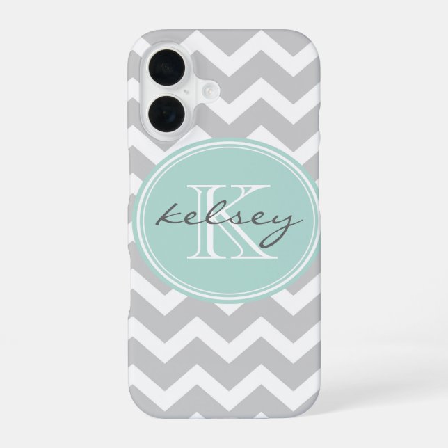 Coque iPhone 16 Gray and Mint Chevron Custom (Verso)