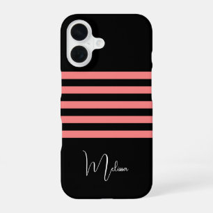 Coque iPhone 16 Grille rose noire moderne Monogramme