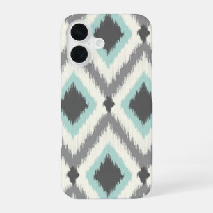 Coque iPhone 16 Gris et Menthe Tribal Ikat Chevron