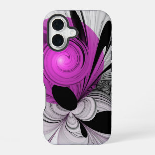 Coque iPhone 16 Gris Noir Abstrait Avec Art Fractal Magenta