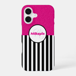 Coque iPhone 16 Gris noir et blanc Parties scintillant rose textur