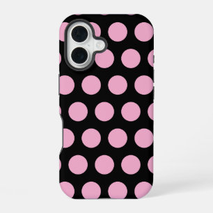Coque iPhone 16 Gros Pois roses sur noir