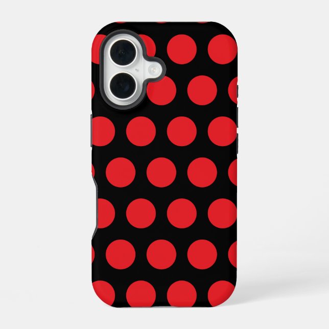 Coque iPhone 16 Gros Pois rouges sur une serviette noire (Verso)