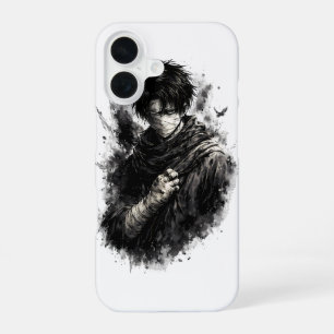 Coque iPhone 16 Guerrier d'anime sombre Ninja bandagé Art Grunge
