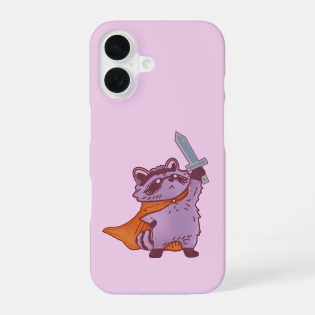 Coque iPhone 16 Guerrier Raton Laveur Fantastique Mignon avec Épée (Verso)