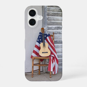 Coque iPhone 16 Guitare sur un drapeau américain