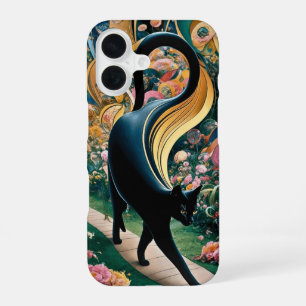 Coque iPhone 16 Gustav Klimt Chat Noir Dans un Jardin de Fleurs, A