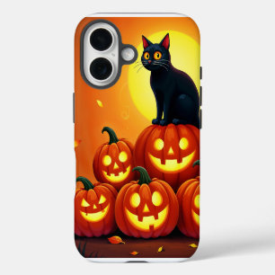 Coque iPhone 16 Halloween de vacances avec chat et pleine lune