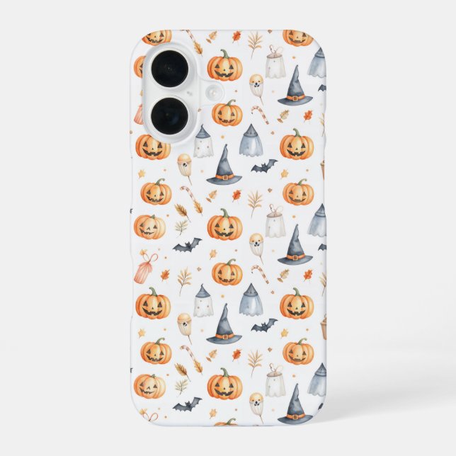 Coque iPhone 16 Halloween Pumpkins and Ghosts Pattern (Verso)