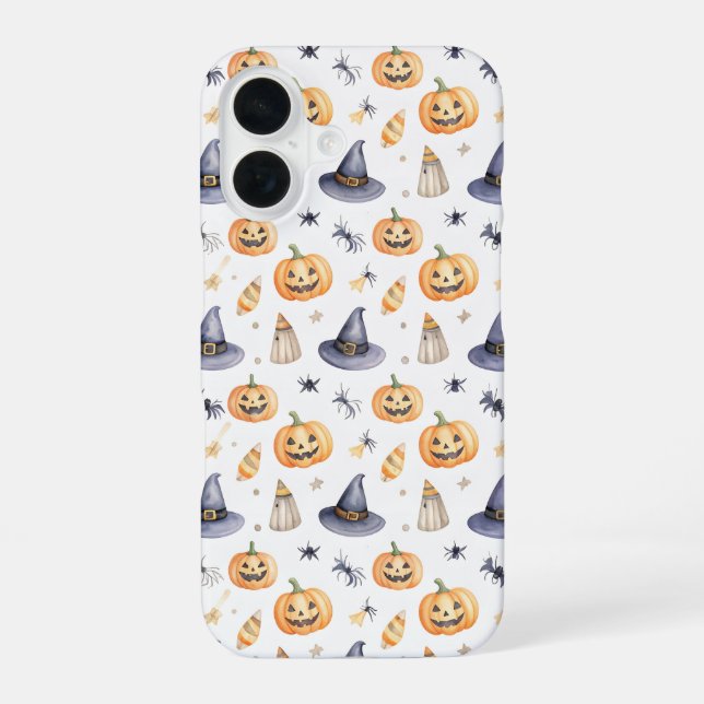 Coque iPhone 16 Halloween Pumpkins and Witch Hats Pattern (Verso)