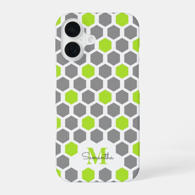 Coque iPhone 16 Hexagone gris vert citron moderne avec monogramme  (Verso)