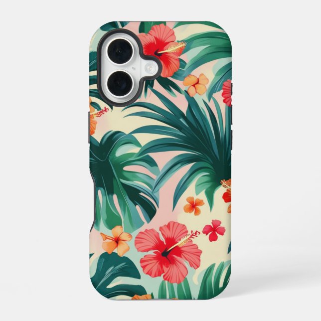 Coque iPhone 16 Hibiscus et Palm Feuille Motif (Verso)