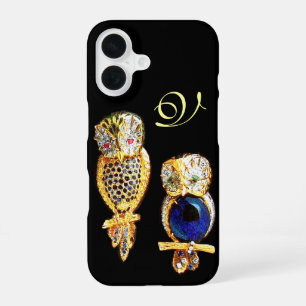 Coque iPhone 16 HIBOUX JOYAUX, Or, Saphir Bleu , Topaze Perle Blan