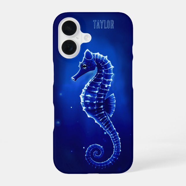 Coque iPhone 16 Hippocampe bleu personnalisé Océan (Verso)