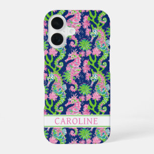 Coque iPhone 16 Hippocampes à l'aquarelle Monogrammées
