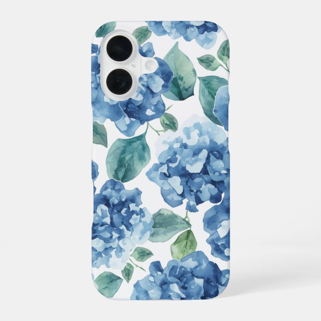 Coque iPhone 16 Hydrangea Blues | Fleurs à motif de fleurs aquarel (Verso)
