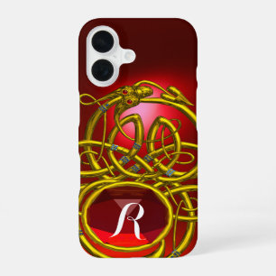 Coque iPhone 16 HYPER DRAGONS, NŒUDS CELTIQUES D'OR Rouge Monogram