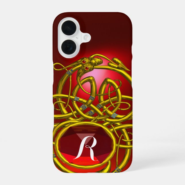 Coque iPhone 16 HYPER DRAGONS, NŒUDS CELTIQUES D'OR Rouge Monogram (Verso)