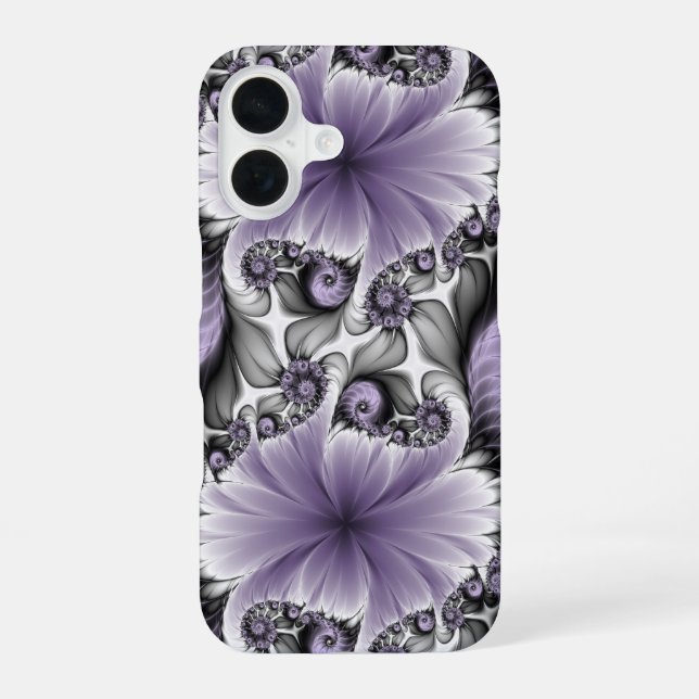 Coque iPhone 16 Illusion de lilas, art floral abstrait fractal fan (Verso)