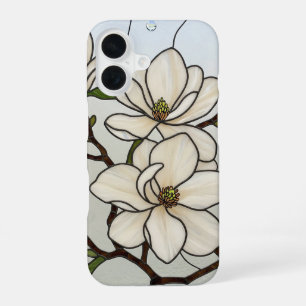 Coque iPhone 16 Illusion en verre tendu des Magnolias blancs