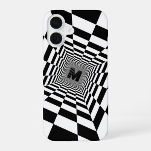 Coque iPhone 16 Illusion visuelle noir et blanc, monogramme ou ini