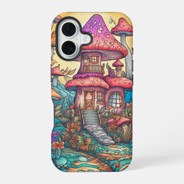 Coque iPhone 16 Illustration d'une cabane de champignons créative (Verso)