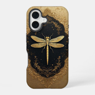 Coque iPhone 16 Illustration élégante de libellule en or