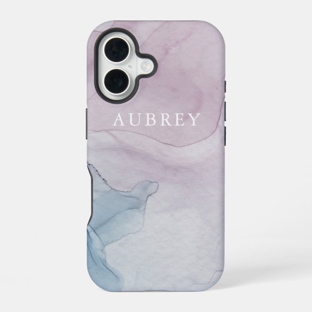 Coque iPhone 16 Impression Abstraite violet délicate avec nom (Verso)