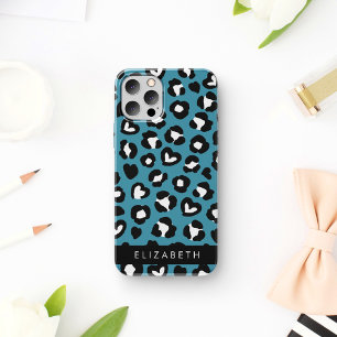 Coque iPhone 16 Impression Animale, Léopard Bleu, Cœurs, Votre Nom