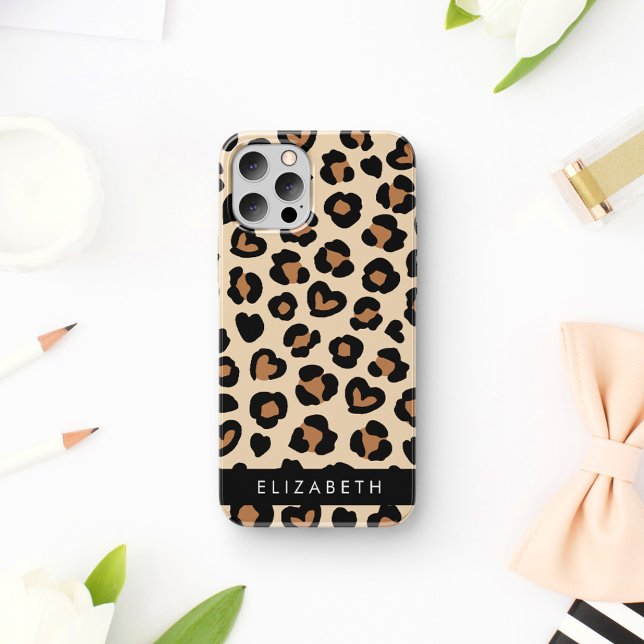 Coque iPhone 16 Impression Animale, Léopard Brun, Cœurs, Votre Nom (Créateur téléchargé)