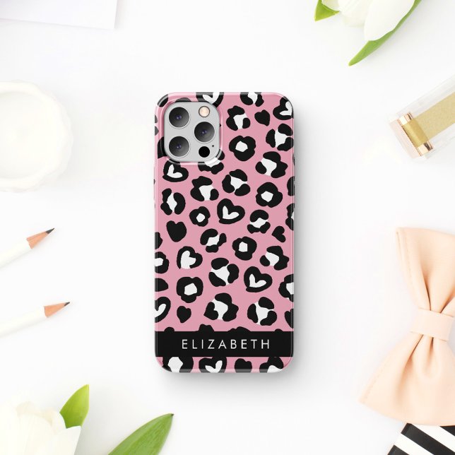 Coque iPhone 16 Impression Animale, Léopard Rose, Cœurs, Votre Nom (Créateur téléchargé)
