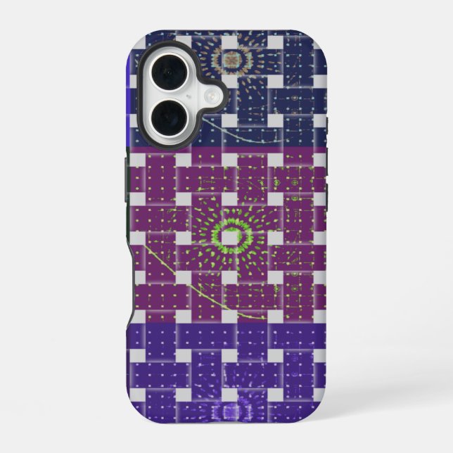 Coque iPhone 16 Impression d'art bleu et violet à carreaux (Verso)