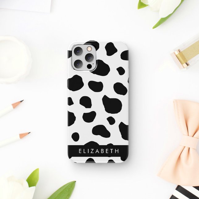 Coque iPhone 16 Impression de vache, Taches de vache, Noir et Blan (Créateur téléchargé)