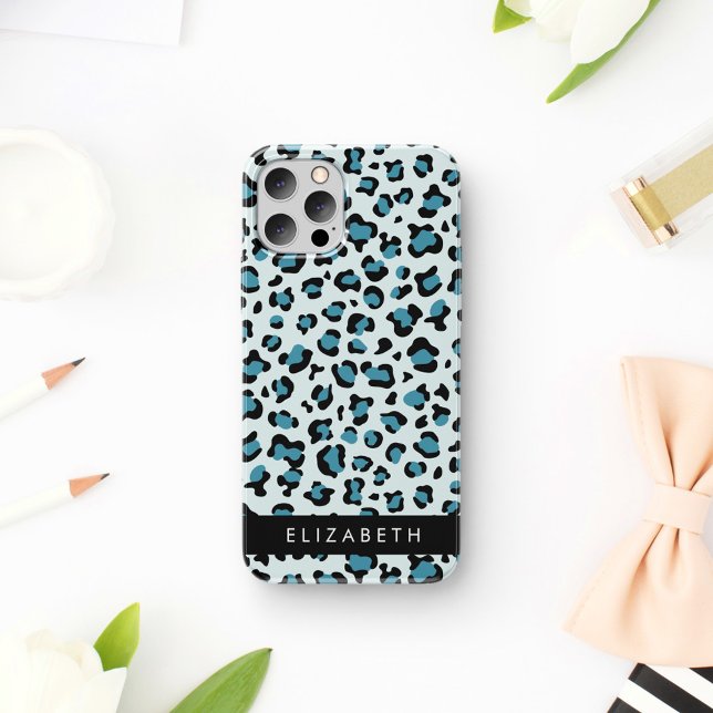 Coque iPhone 16 Impression léopard, Taches, Léopard Bleu, Votre No (Créateur téléchargé)