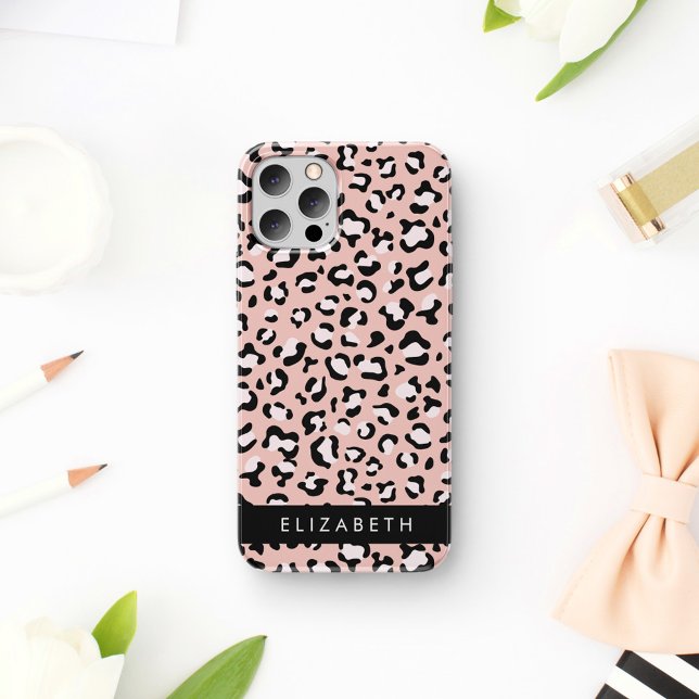Coque iPhone 16 Impression léopard, Taches, Léopard Rose, Votre No (Créateur téléchargé)